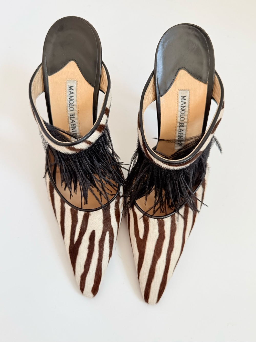 Manolo Blahnik Zebra Print Calf Hair Feather Fringe Pointed Toe Mule Heels EU 37 - Picture 5 of 11